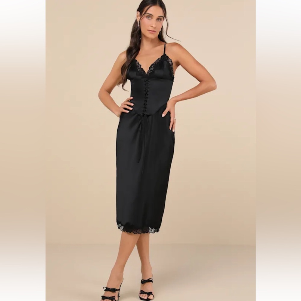 Lulus Incredibly Enchanting Black Two-Piece Slip Dress and Corset Set